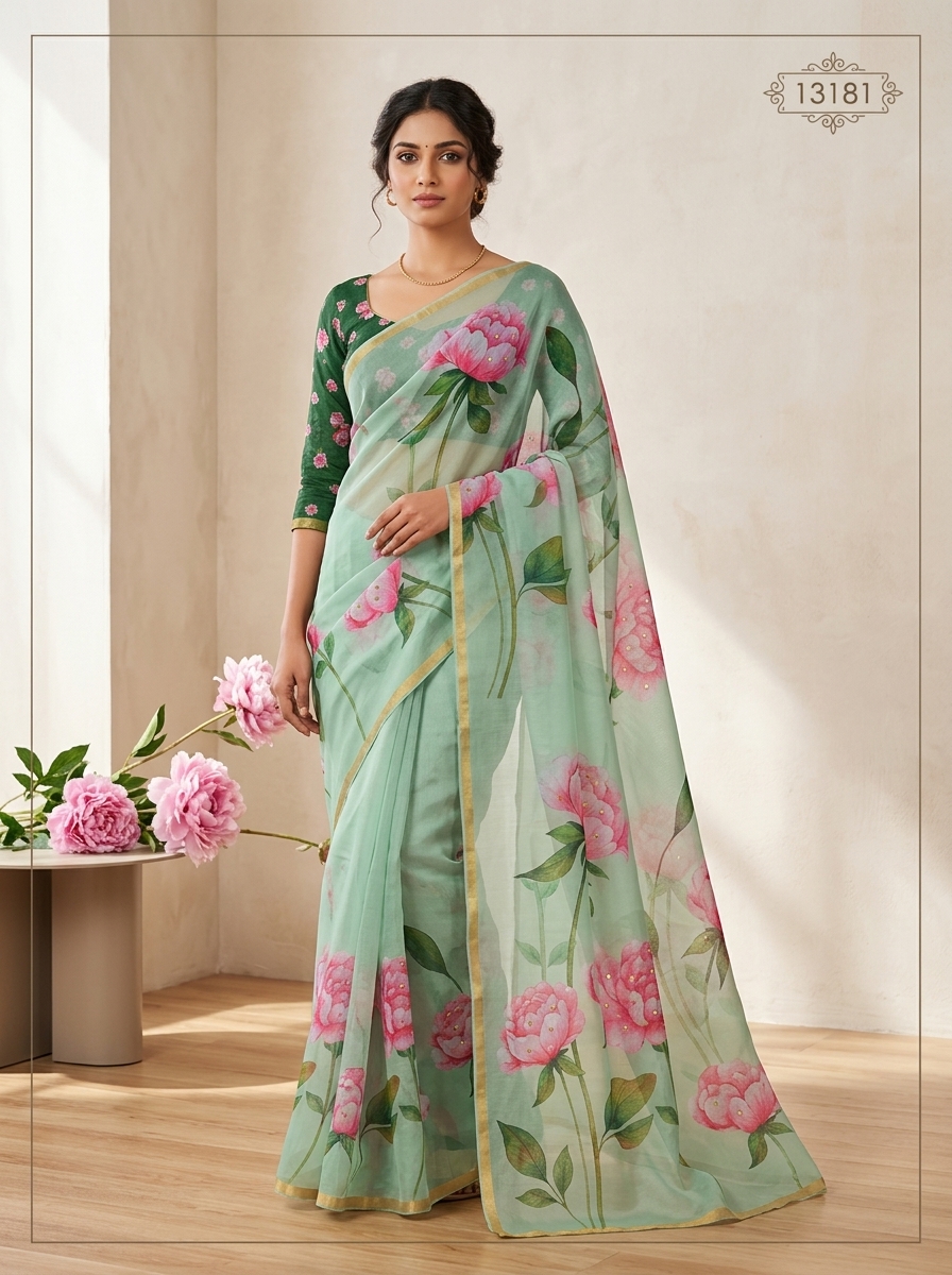 Mint Green Organza Saree with Pink Floral Digital Print and Gold Zari Border.
